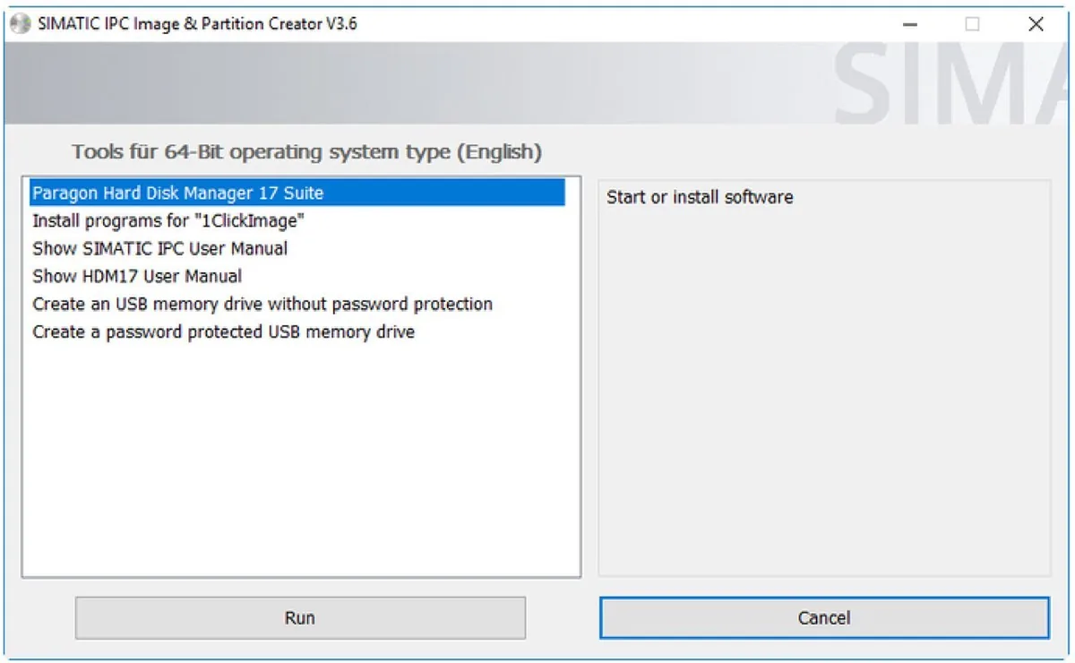 Cửa sổ chương trình SIMATIC IPC Image and Partition Creator V3.6 với danh sách chức năng Paragon Hard Disk Manager 17 Suite, cài 1ClickImage và tạo USB