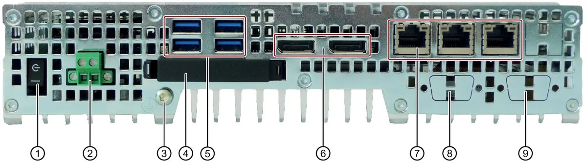 Mặt cổng của SIMATIC IPC427E với đầu nối nguồn 24 V, bốn USB 3.0, hai DisplayPort, ba cổng LAN và hai vị trí COM