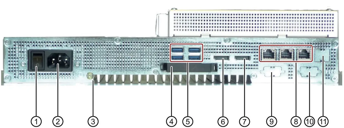 Mặt dưới của SIMATIC IPC477E bản nguồn xoay chiều: công tắc nguồn, ổ cắm IEC, bốn cổng USB 3.0, hai DisplayPort và ba cổng LAN