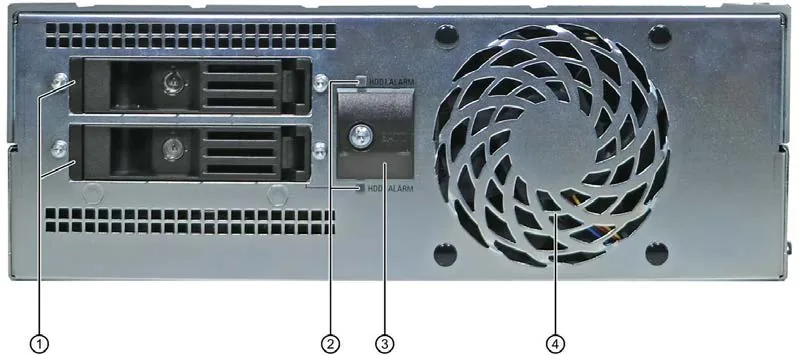 Mặt sau SIMATIC IPC677E với hai khay ổ đĩa rút được, đèn báo HDD ALARM và lưới quạt hệ thống