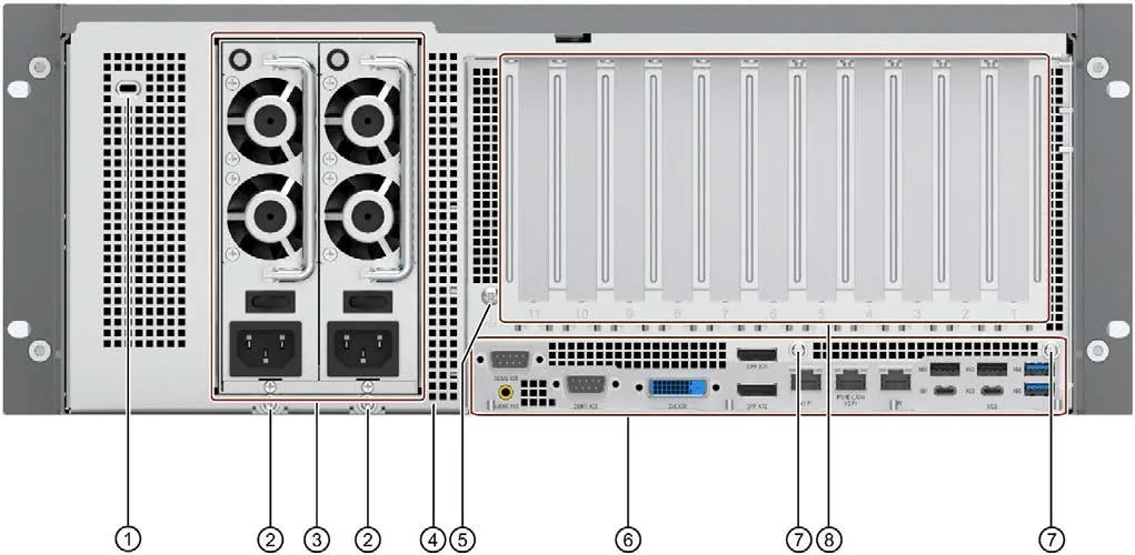 Mặt sau SIMATIC IPC847E với hai bộ nguồn dự phòng, 11 khe cắm card và cụm cổng COM, DVI, DisplayPort, LAN, USB