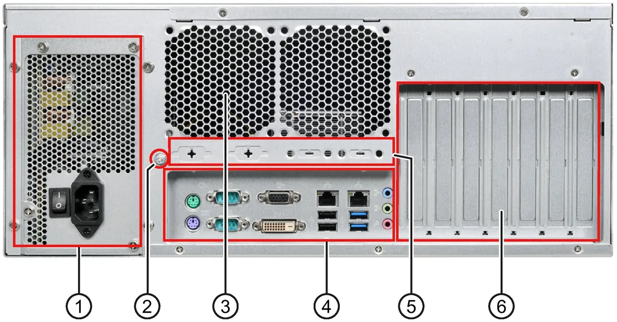 Mặt sau máy tính công nghiệp SIMATIC IPC347E với hai cổng LAN, các cổng COM, DVI, VGA và bảy khe cắm card mở rộng