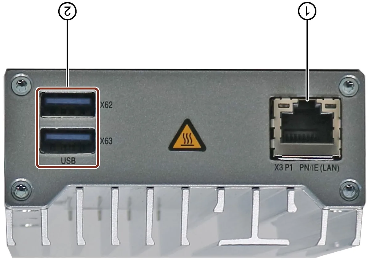 Cổng RJ45 ghi nhãn X3 P1 PN slash IE LAN và hai cổng USB trên thân máy tính nhúng SIMATIC IPC127E