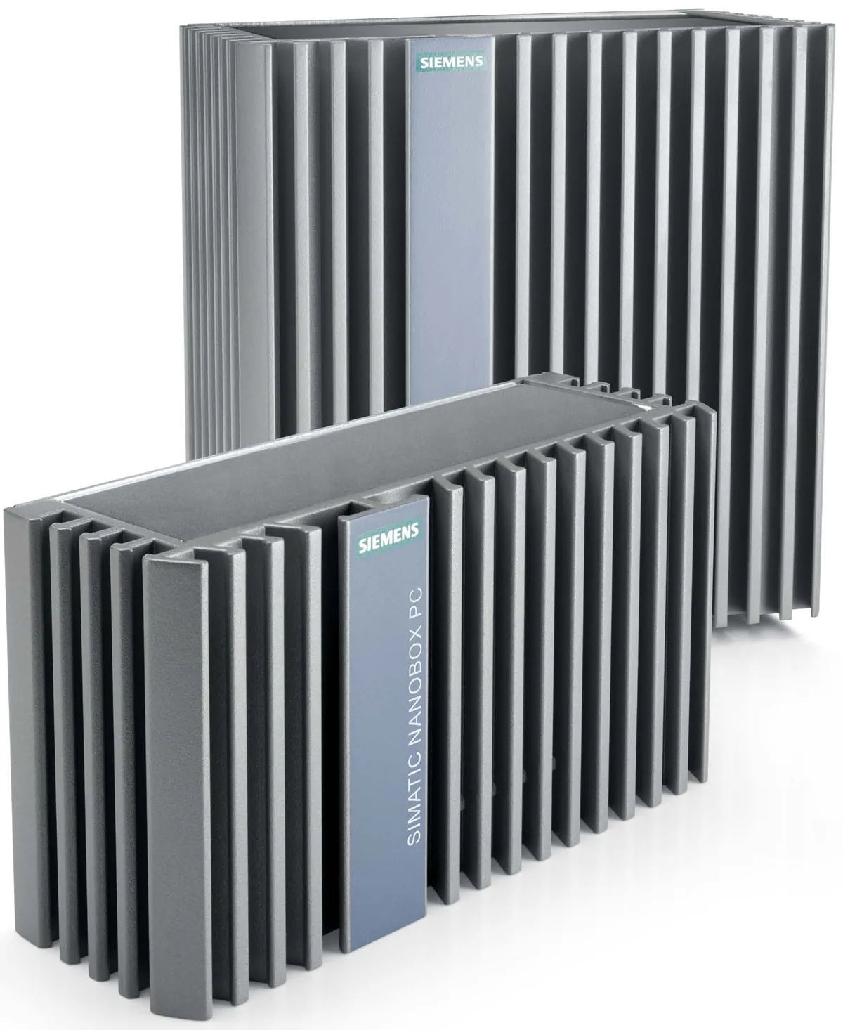 Hai máy tính công nghiệp SIMATIC IPC227E Nanobox PC vỏ nhôm tản nhiệt vây lược, một máy đặt ngang, một máy đặt đứng