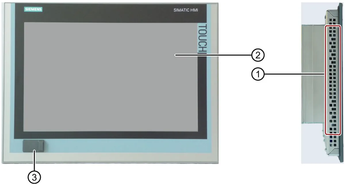 Mặt trước và mặt bên của SIMATIC IPC477E: màn cảm ứng viền xanh nhạt, phía sau là khối tản nhiệt vây lược và cổng USB mặt trước có nắp
