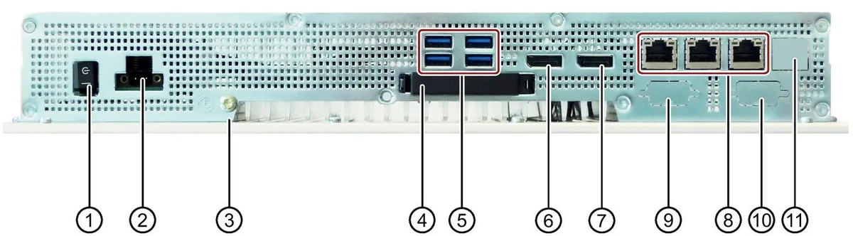 Cạnh dưới SIMATIC IPC477E bản 24 V DC với cầu đấu nguồn, bốn cổng USB 3.0, hai DisplayPort và ba cổng Ethernet